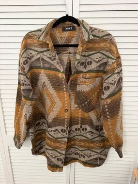 Aztec Patterned Button-Up Shacket Shirt - Mustard/Beige Size L
